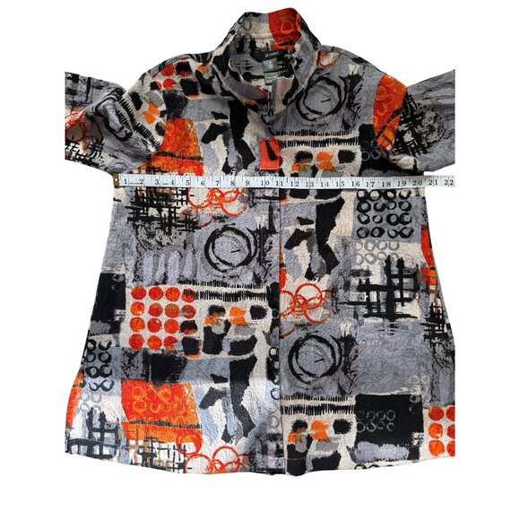 Ali Miles Womens Tunic Button-Up Abstract Print Gray Orange White Top Art Size M - Picture 5 of 8